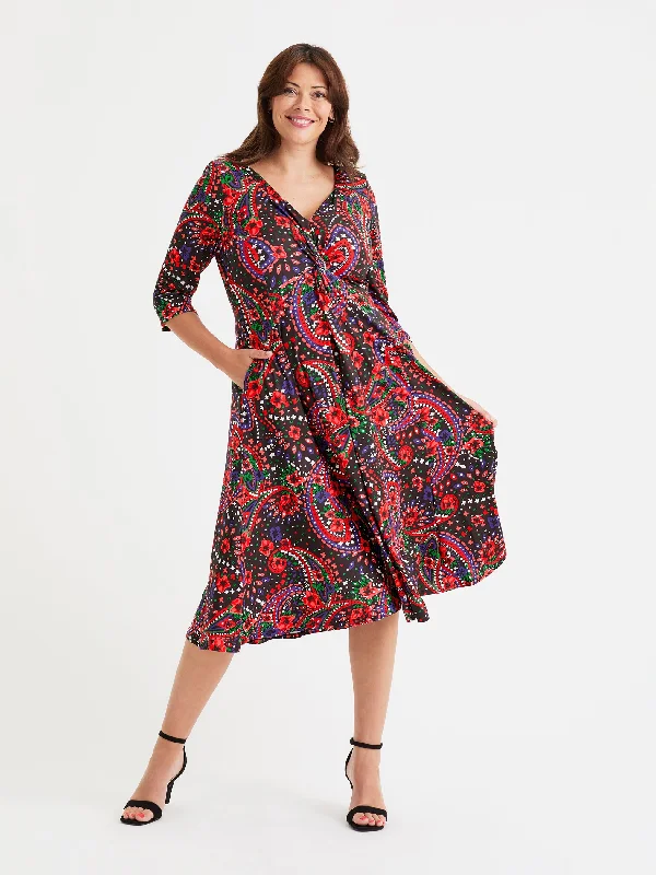 Claudia Paisley Print Jersey Knot Front Dress