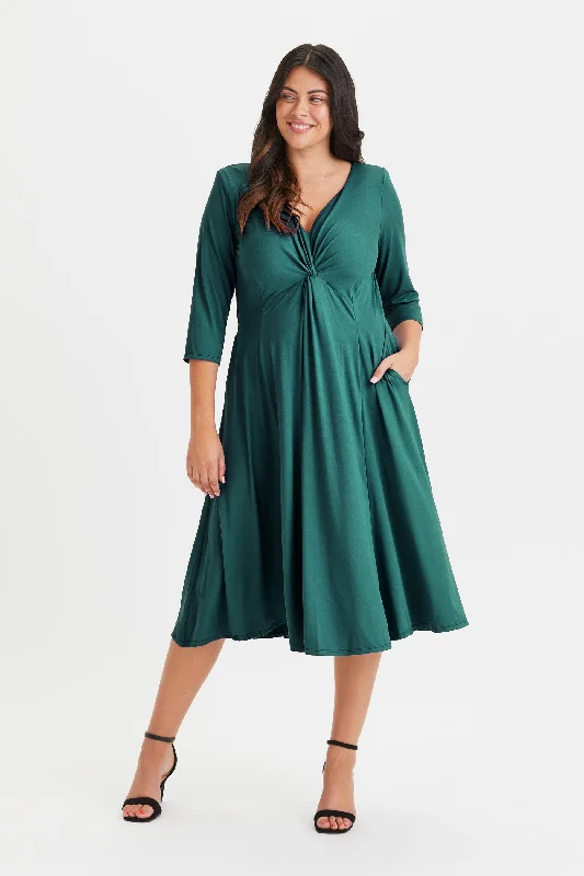 Claudia Dark Green Peach Touch Jersey Knot Front Dress