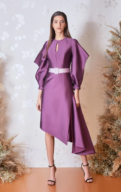 Cut out bodice cascading asymmetric dress
