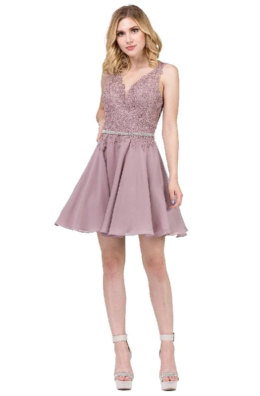 Dancing Queen - 3011SC Embroidered Plunging V-Neck A-Line Dress