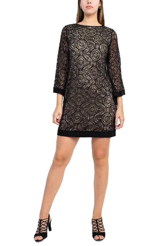 Emma & Michele Round Neck 3/4 Sleeve A- Line Illusion Lace Dress