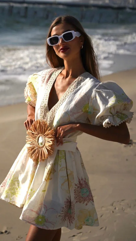 Linen Dress Flower Off White