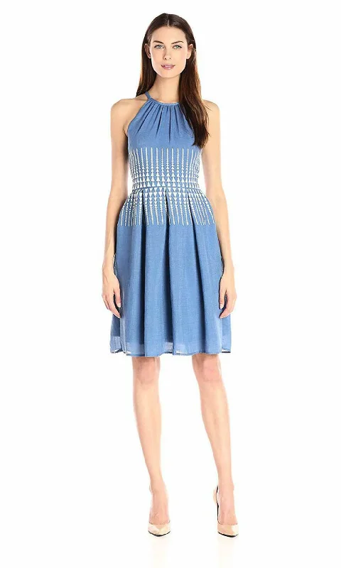 London Times - L1791MSC Geometric Embroidered Halter Neck Dress