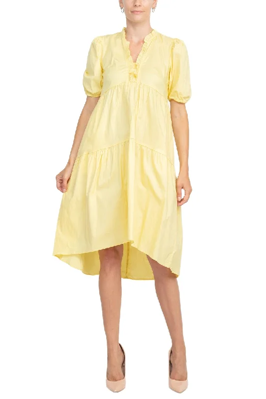 London Times Ruffled Neck Puffed Sleeve Zipper Back High Low Hem Solid Cotton Dress