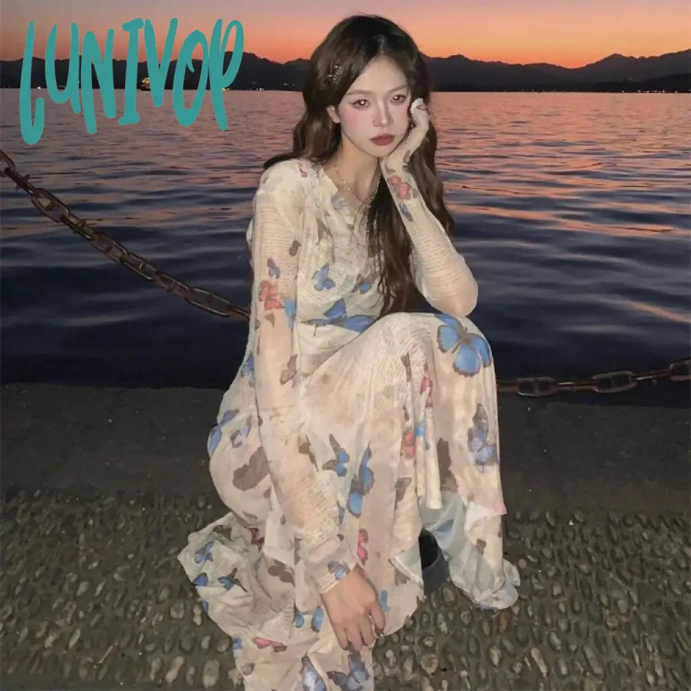 Lunivop Butterfly Print Skew Collar Dresses Y2k E-Girl Irregular Slim Waist Dress for Women Spring New Mid-length Vestidos Mujer