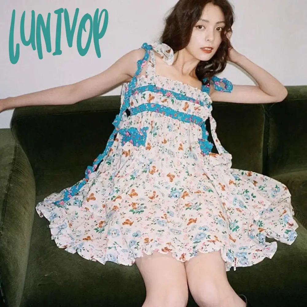 Lunivop Fashion Sweet Flower Print Dress for Women Summer New Bow Lace Upstrap Dresses Y2k E-Girl Slim Waist Ruched Vestidos Mujer