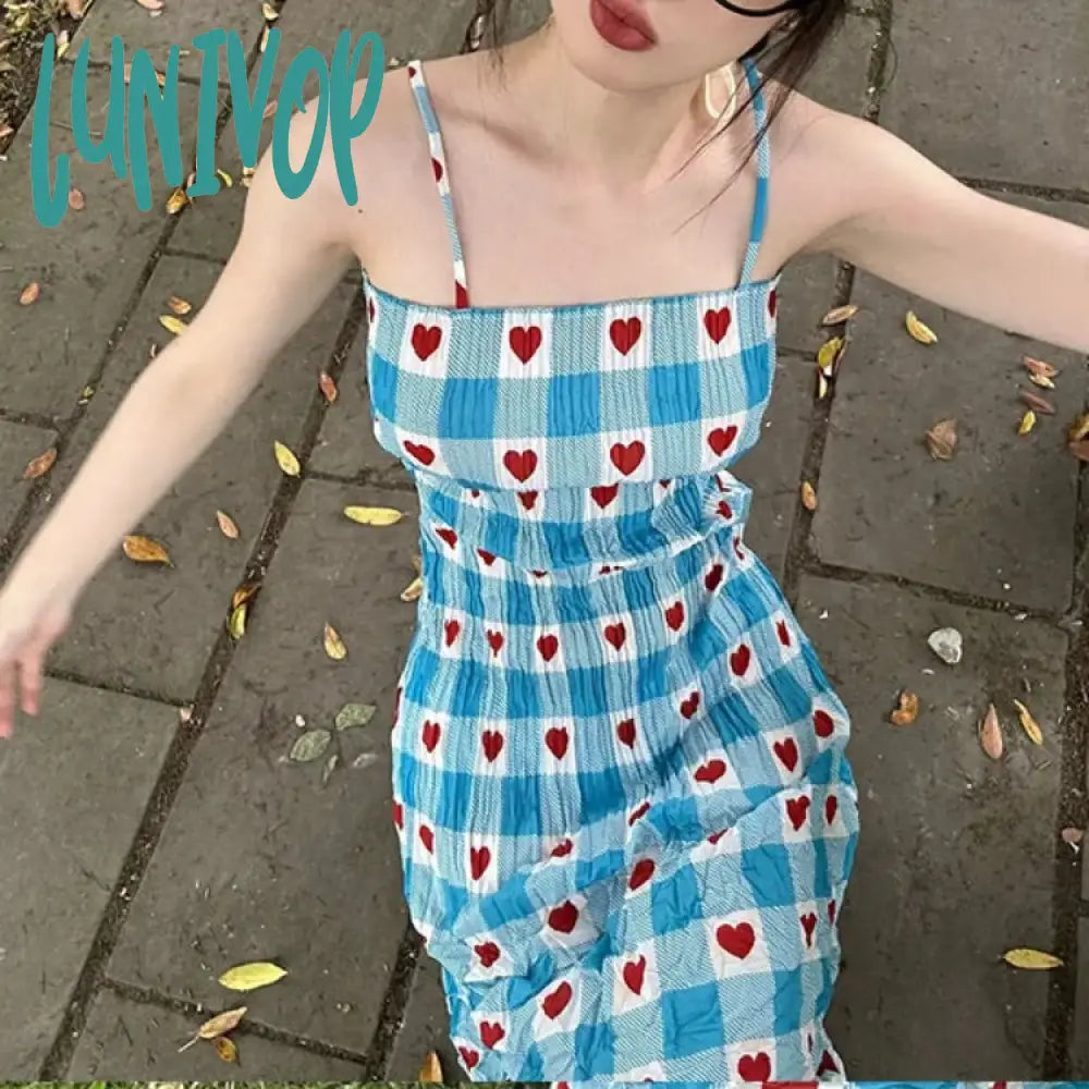 Lunivop Korean Sweet Heart Plaid Print Dress for Women Summer New Slim Fit Camisole Dresses Y2k E-Girl Mid-length Vestidos Mujer