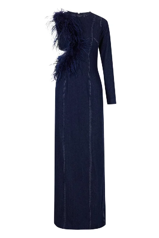 NAVY BLUE DENIM CUT-OUT LONG DRESS