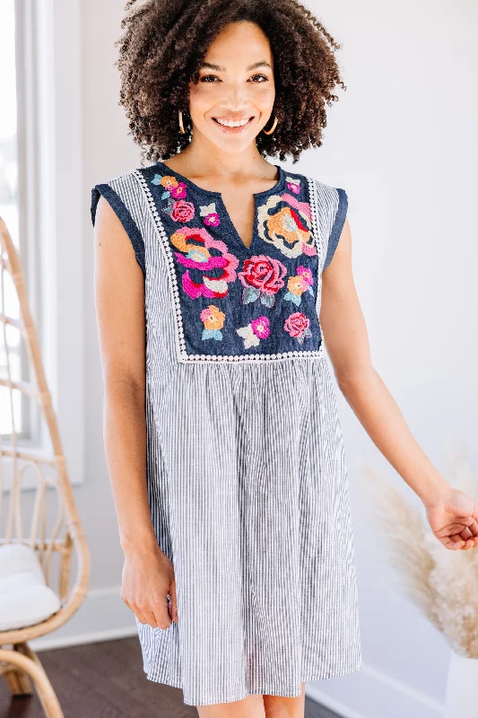 Needed You Denim Blue Embroidered Dress