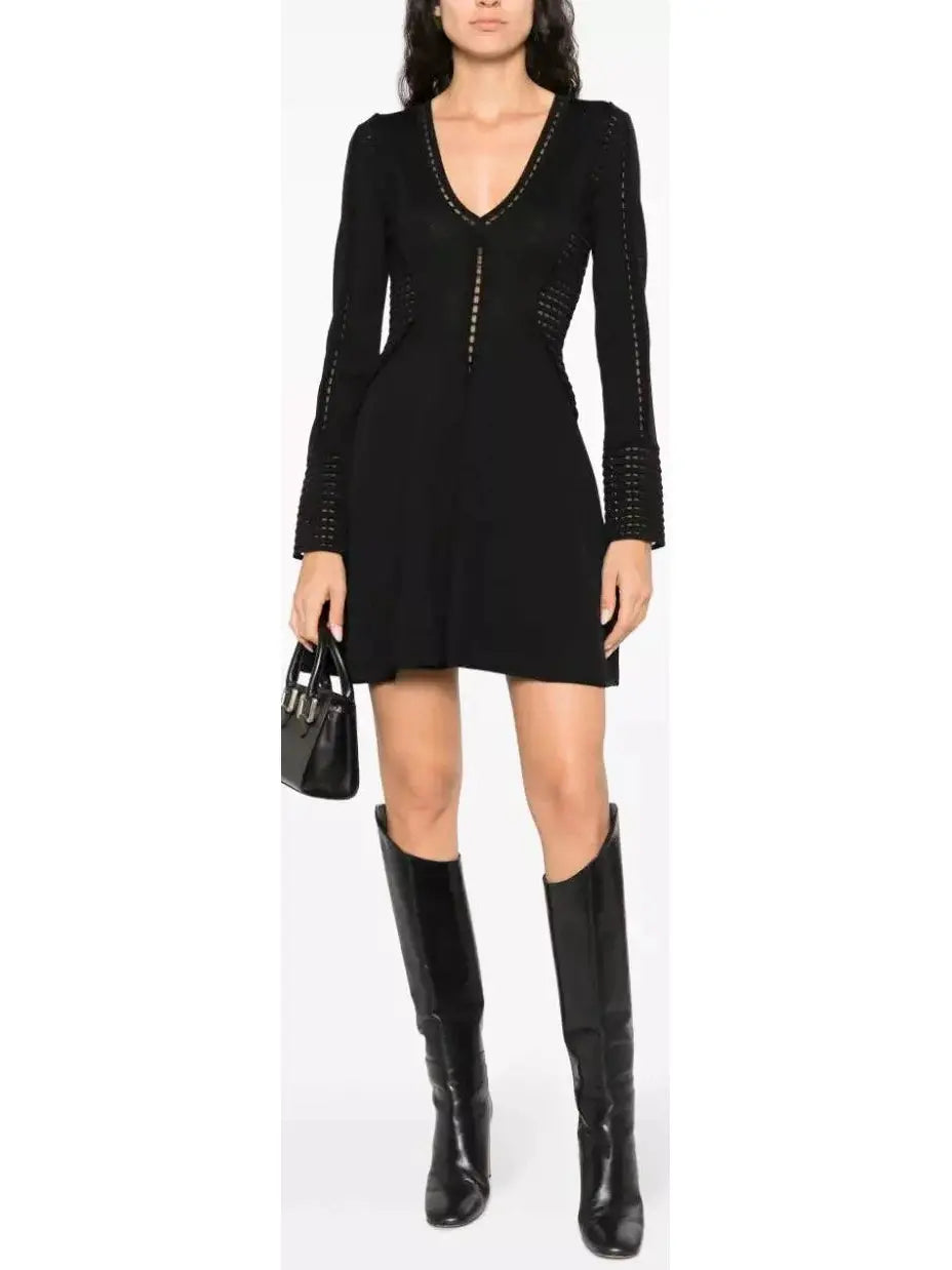 Perforated-Detailing V-Neck Dress, Black