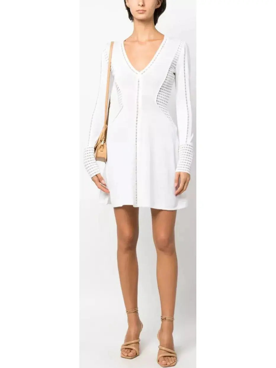 Perforated-Detailing V-Neck Dress, White
