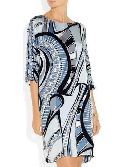 Printed Abstract Jersey Silk Tunic Dress in Blue