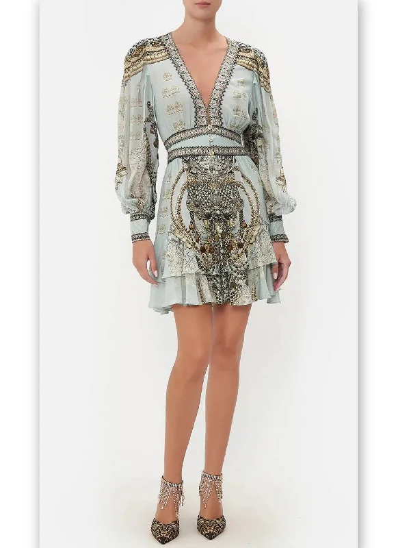 Printed Button Front Silk Frill Dress