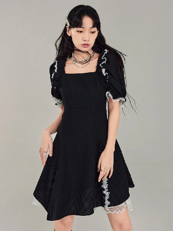 Puff Sleeve Black Square Neck Dress