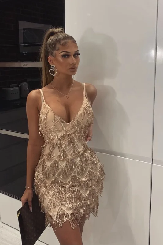 Shake It Gold Nude Ombre Sequin Tassel Fringe Backless Dress