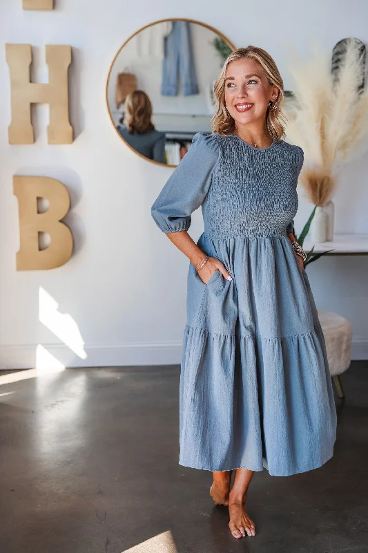Smocked Bodice Dress - Denim