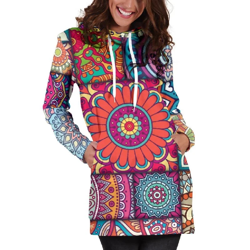 Square Bohemian Mandala Patchwork Print Pullover Hoodie Dress