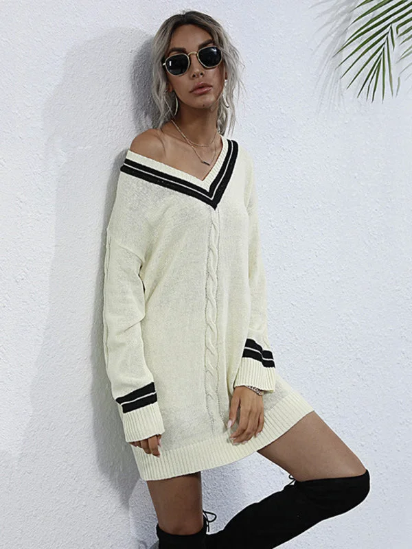 Blue Zone Planet |  stitching v-neck long bottoming knitted sweater dress