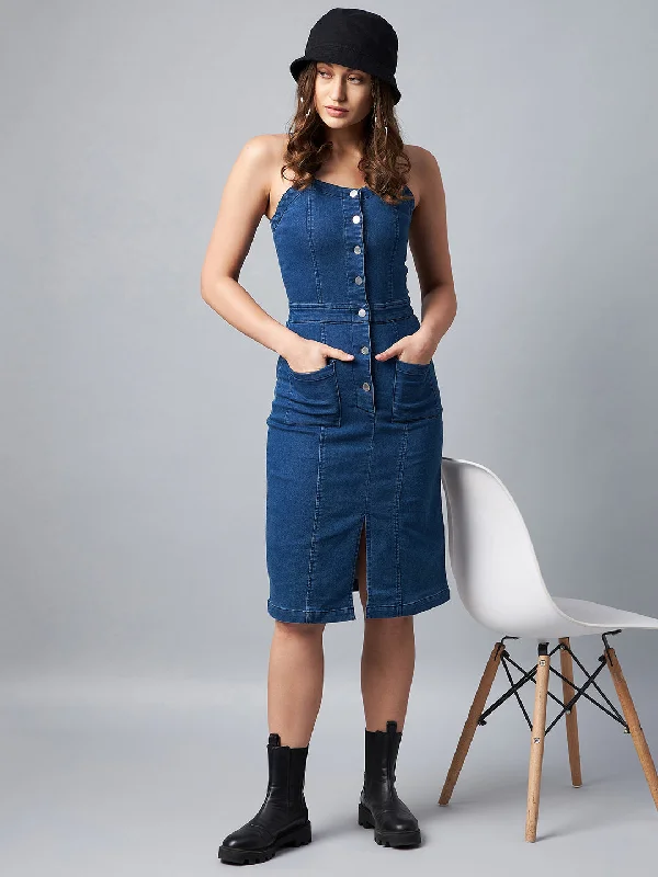 Washed Blue Denim Lycra Fitted Dress