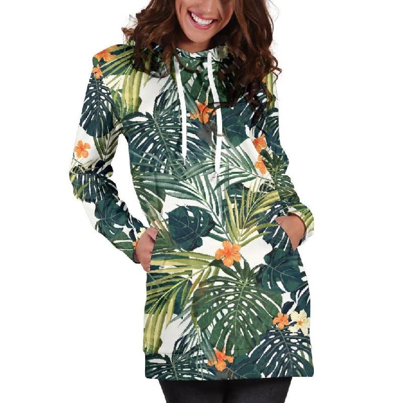 Summer Hawaiian Leaves Pattern Print Pullover Hoodie Dress