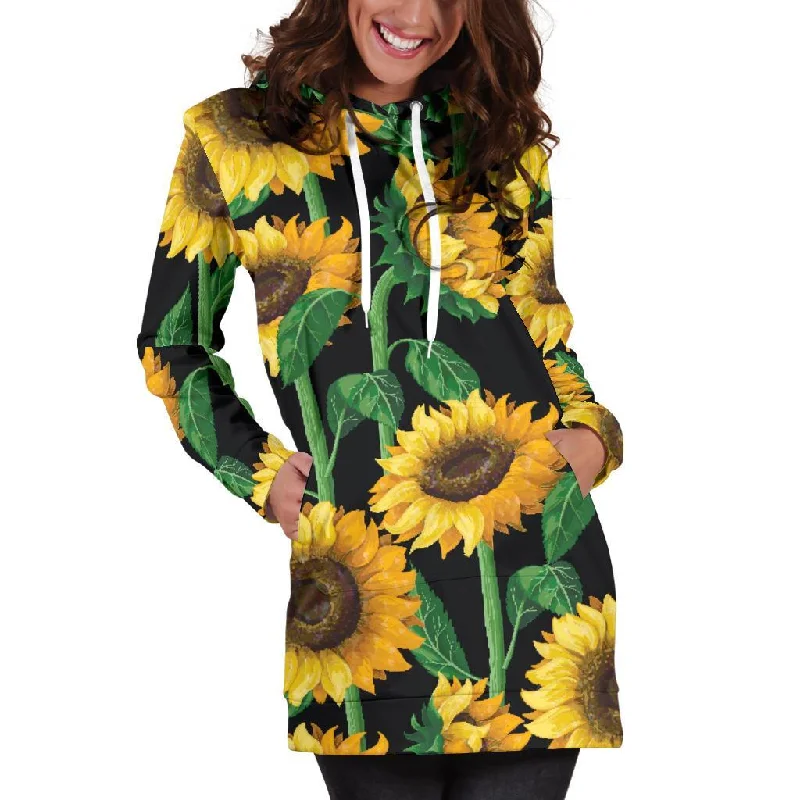 Sunflower Pattern Print Pullover Hoodie Dress