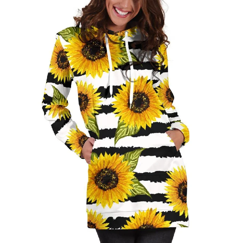 Sunflower Striped Pattern Print Pullover Hoodie Dress