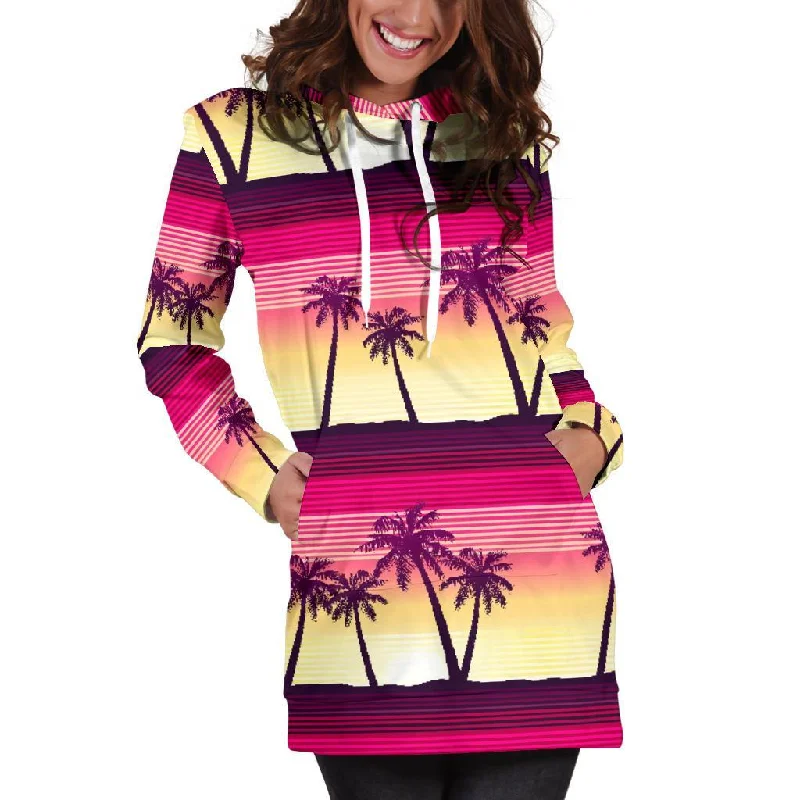 Sunset Palm Tree Pattern Print Pullover Hoodie Dress