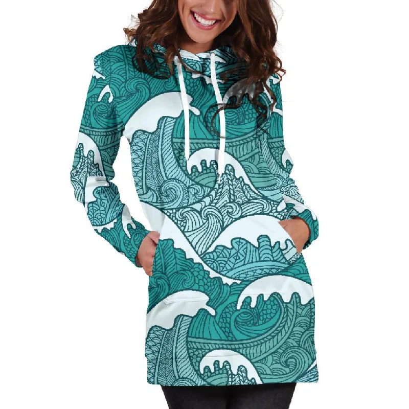 Surfing Wave Pattern Print Pullover Hoodie Dress