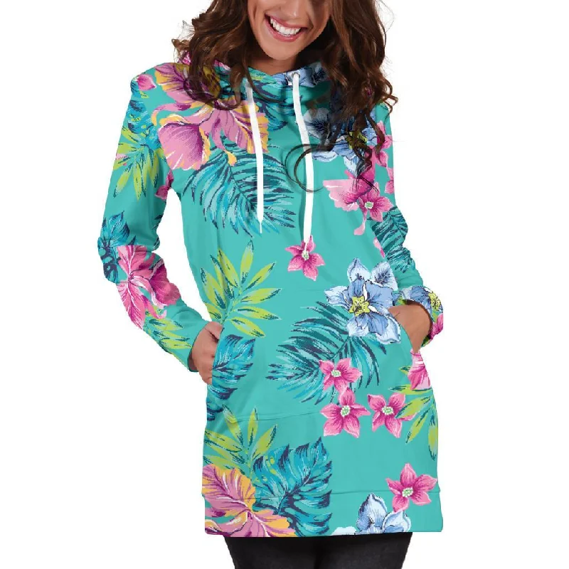 Teal Aloha Tropical Pattern Print Pullover Hoodie Dress