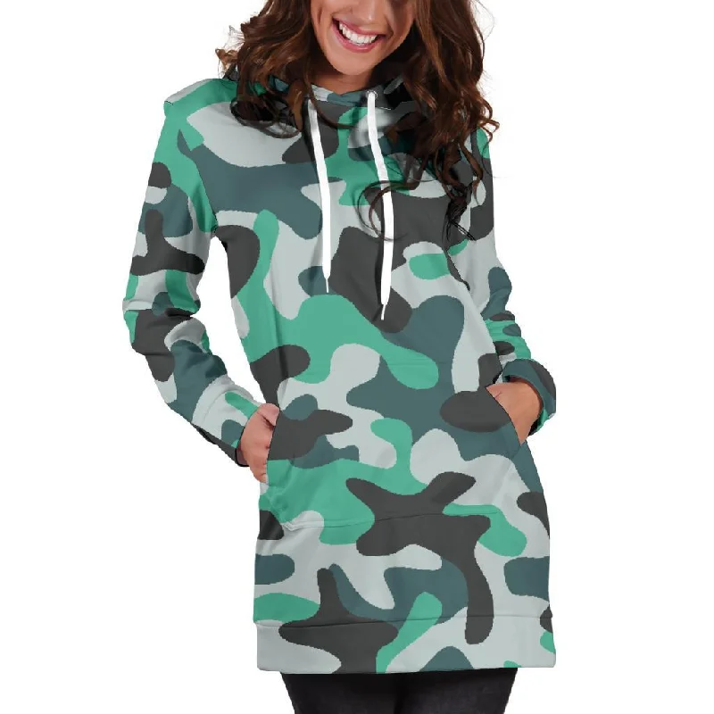 Teal And Black Camouflage Print Pullover Hoodie Dress