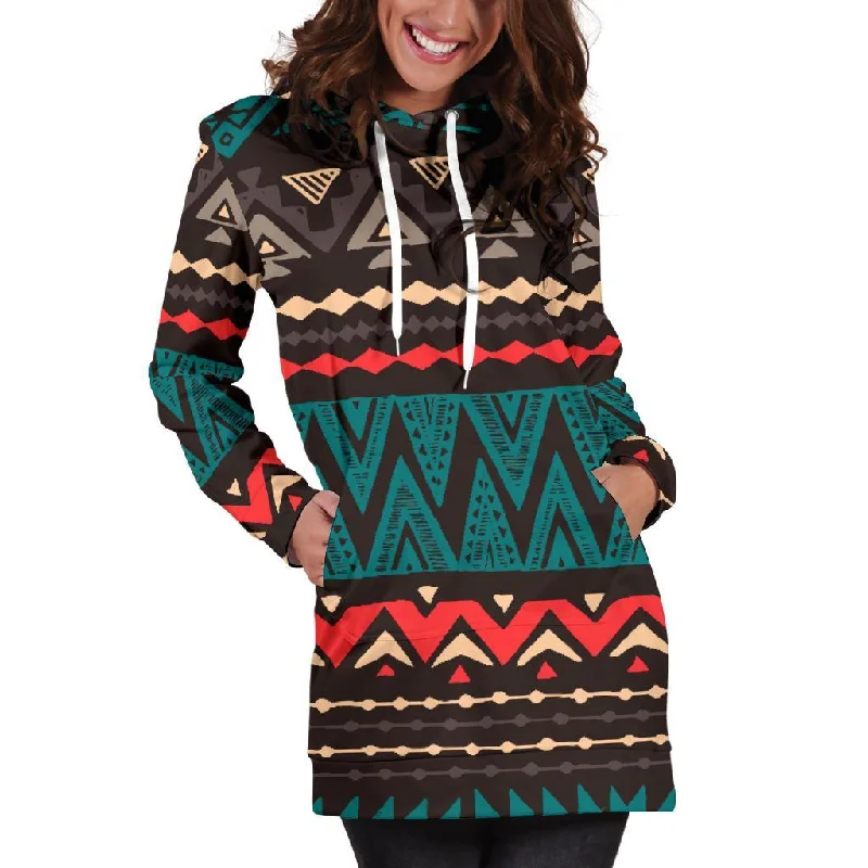 Teal And Brown Aztec Pattern Print Pullover Hoodie Dress