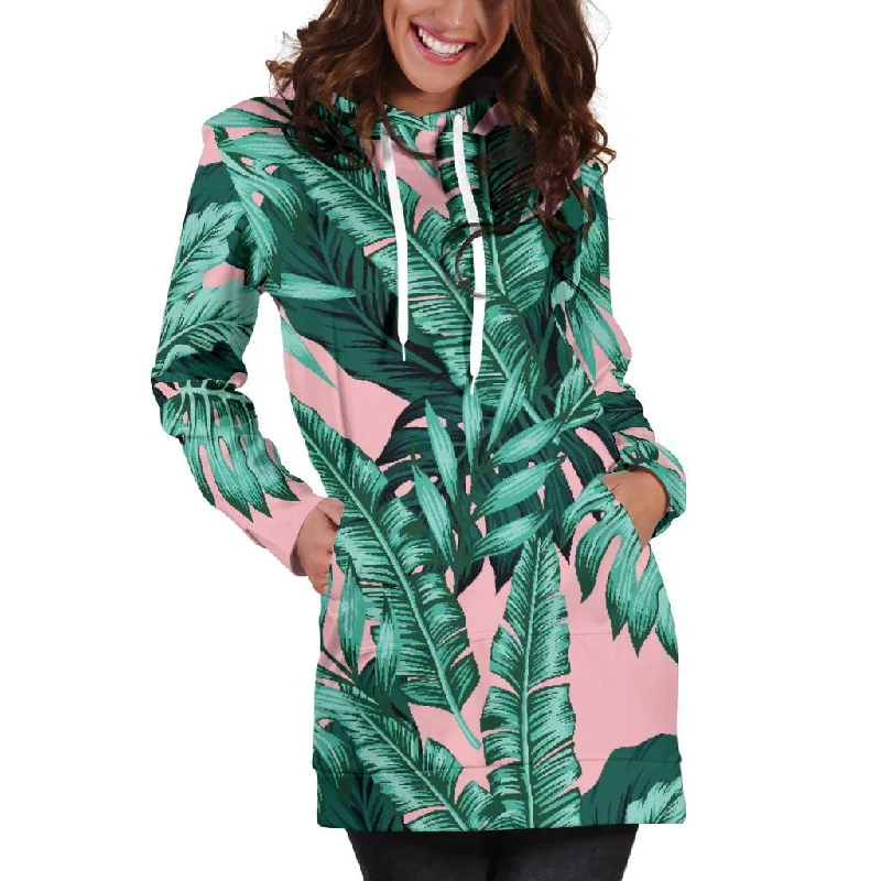 Teal Banana Leaves Pattern Print Pullover Hoodie Dress