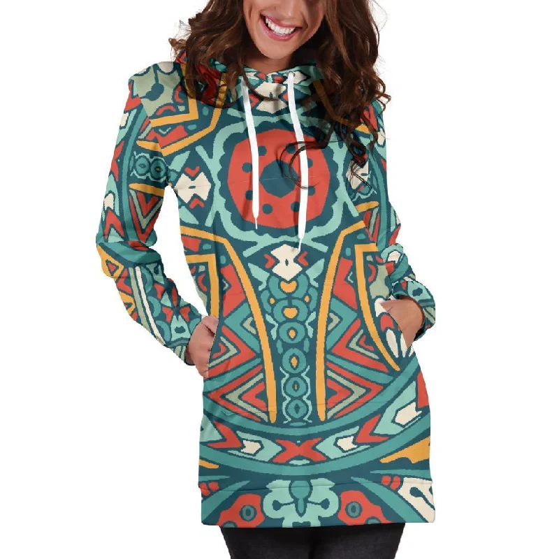 Teal Bohemian Mandala Pattern Print Pullover Hoodie Dress