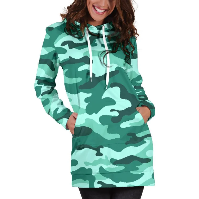 Teal Camouflage Print Pullover Hoodie Dress