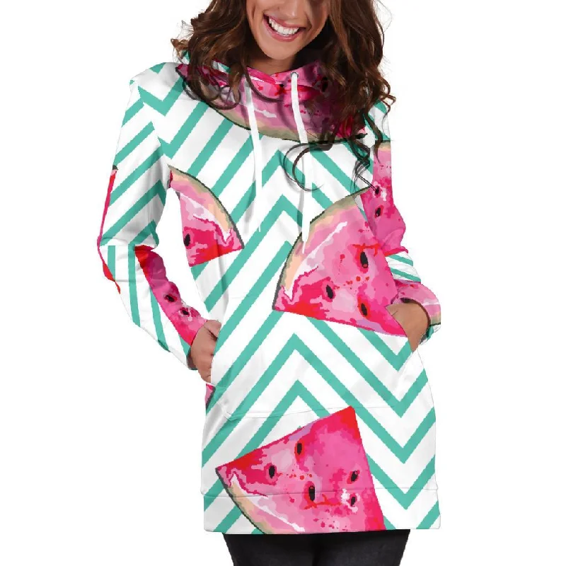 Teal Chevron Watermelon Pattern Print Pullover Hoodie Dress