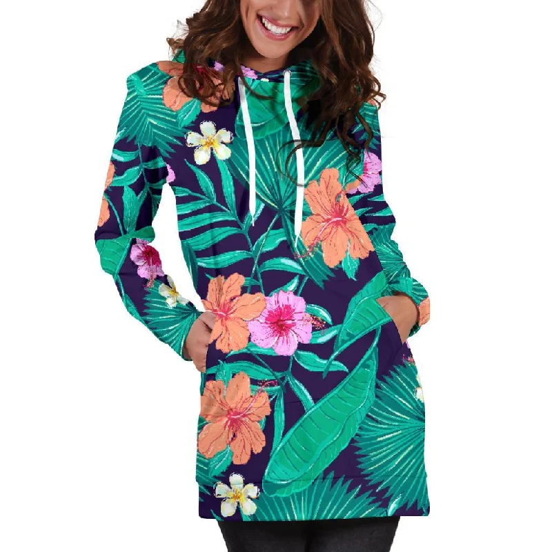 Teal Hawaiian Leaf Flower Pattern Print Pullover Hoodie Dress