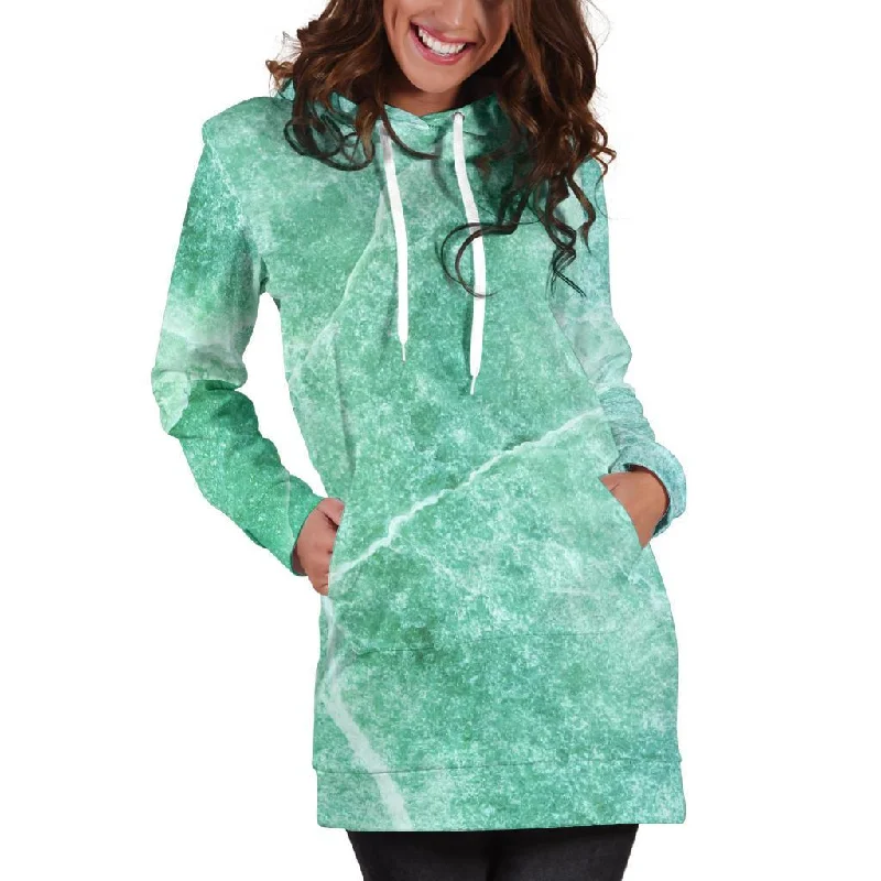 Teal Marble Print Pullover Hoodie Dress