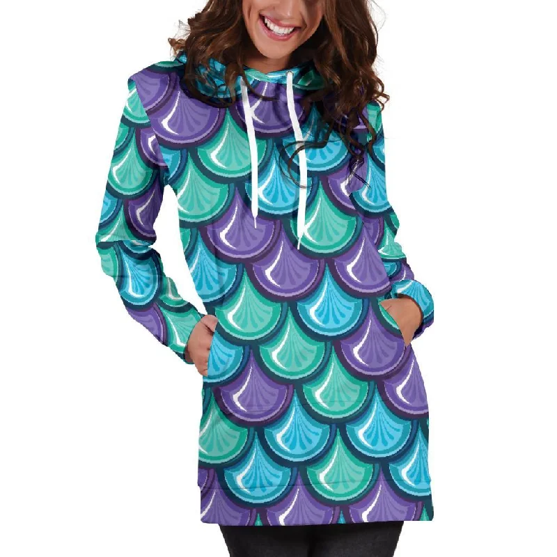 Teal Mermaid Scales Pattern Print Pullover Hoodie Dress