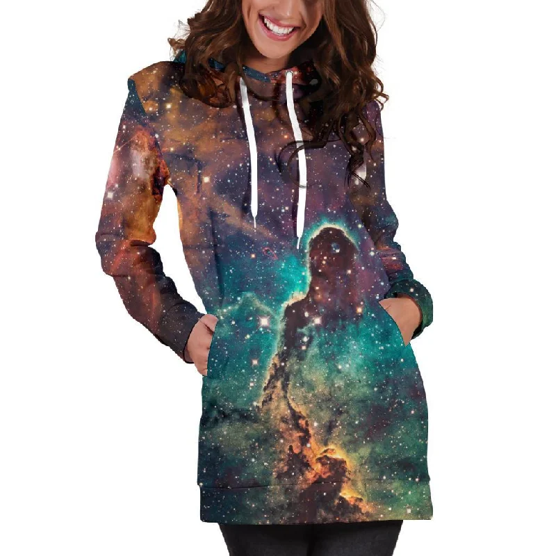 Teal Orange Universe Galaxy Space Print Pullover Hoodie Dress