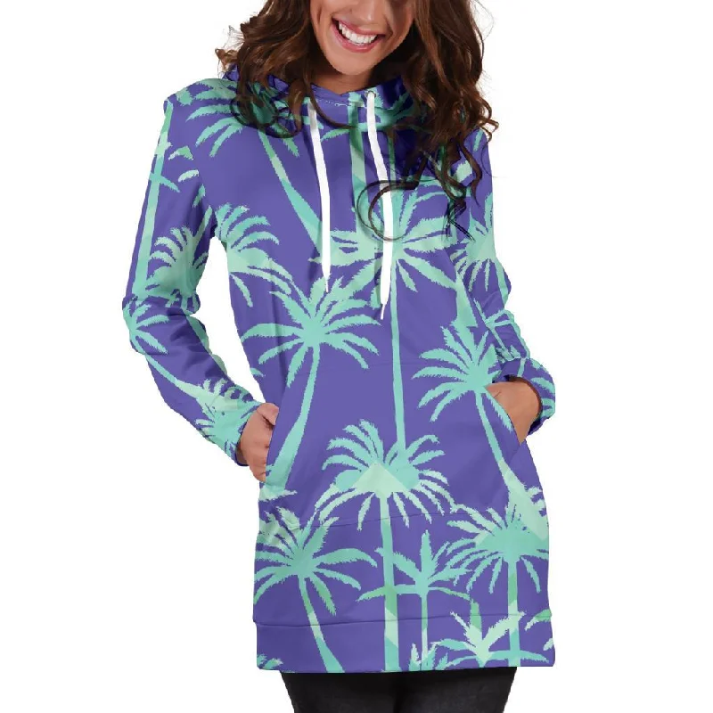 Teal Palm Tree Pattern Print Pullover Hoodie Dress