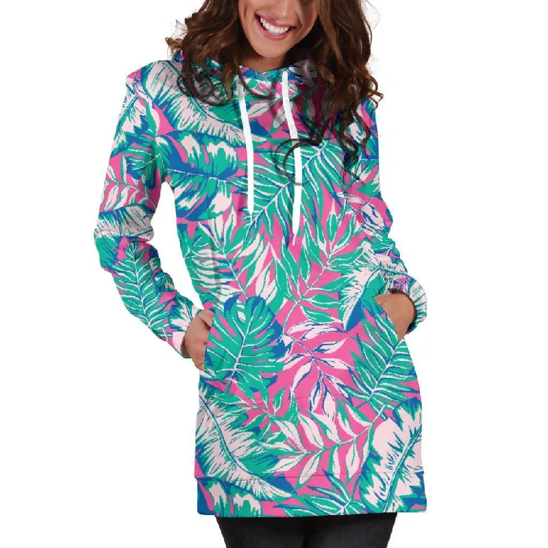Teal Pink Blossom Tropical Pattern Print Pullover Hoodie Dress