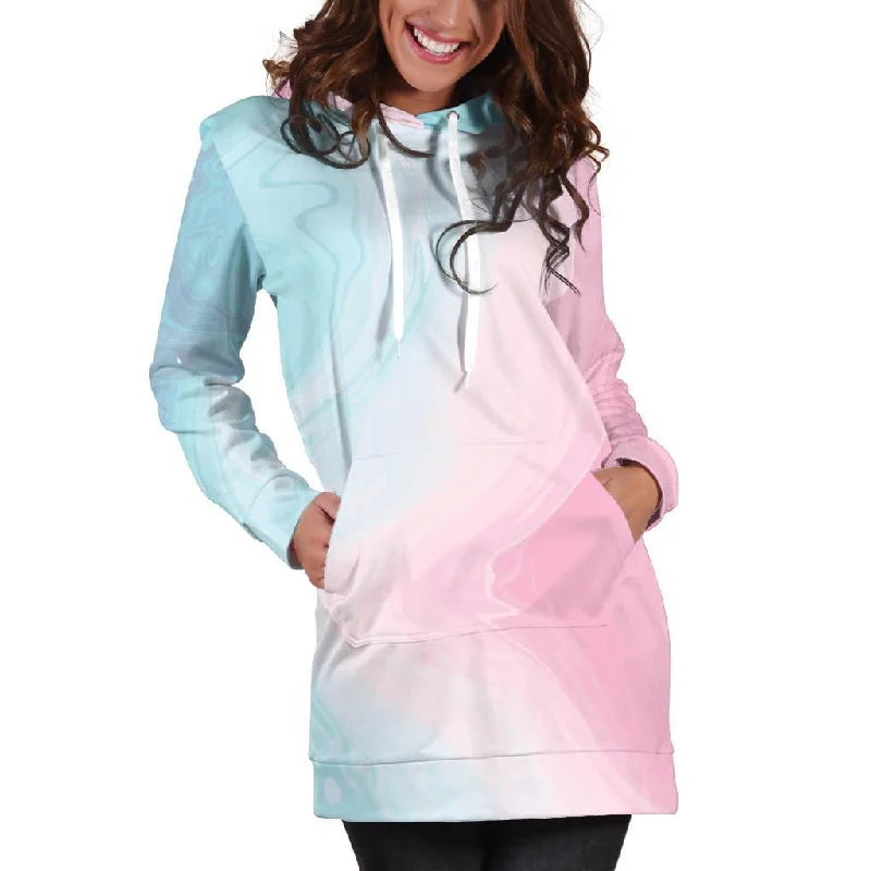 Teal Pink Liquid Marble Print Pullover Hoodie Dress