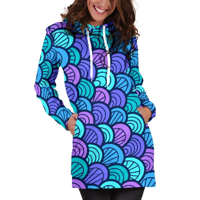 Teal Pink Mermaid Scales Pattern Print Pullover Hoodie Dress