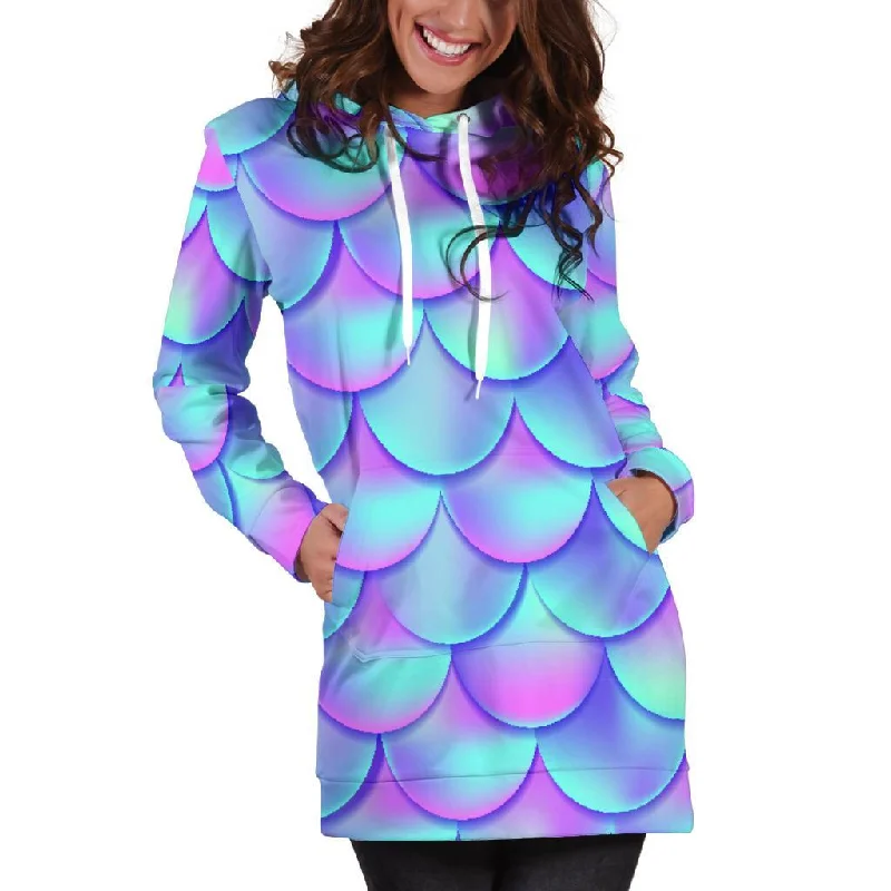 Teal Purple Mermaid Scales Pattern Print Pullover Hoodie Dress