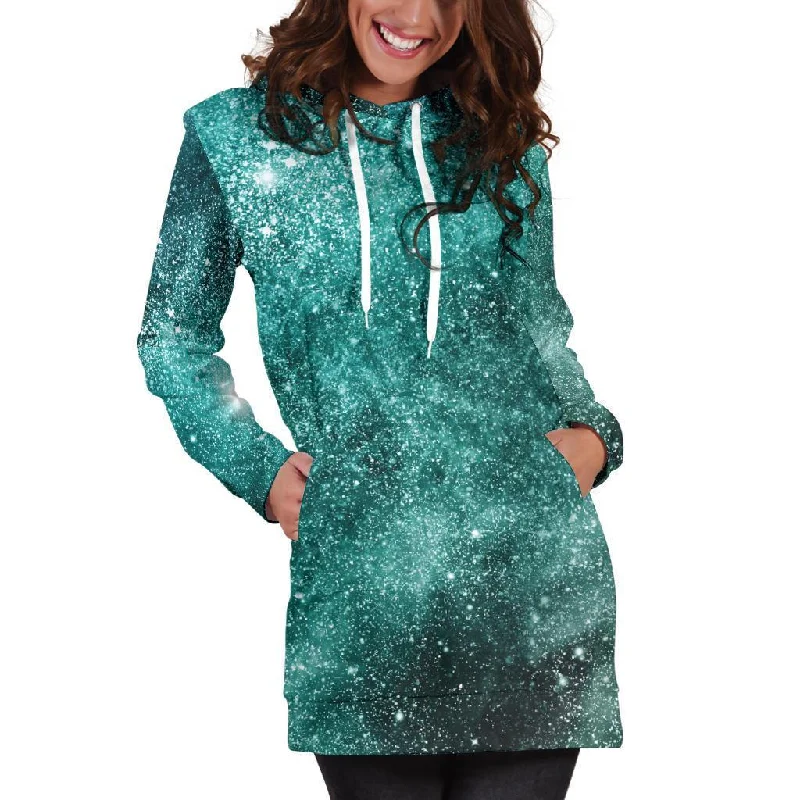 Teal Stardust Galaxy Space Print Pullover Hoodie Dress