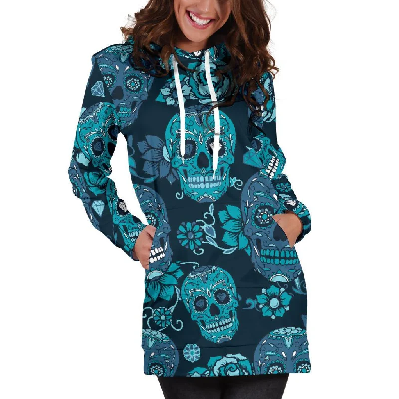 Teal Sugar Skull Flower Pattern Print Pullover Hoodie Dress