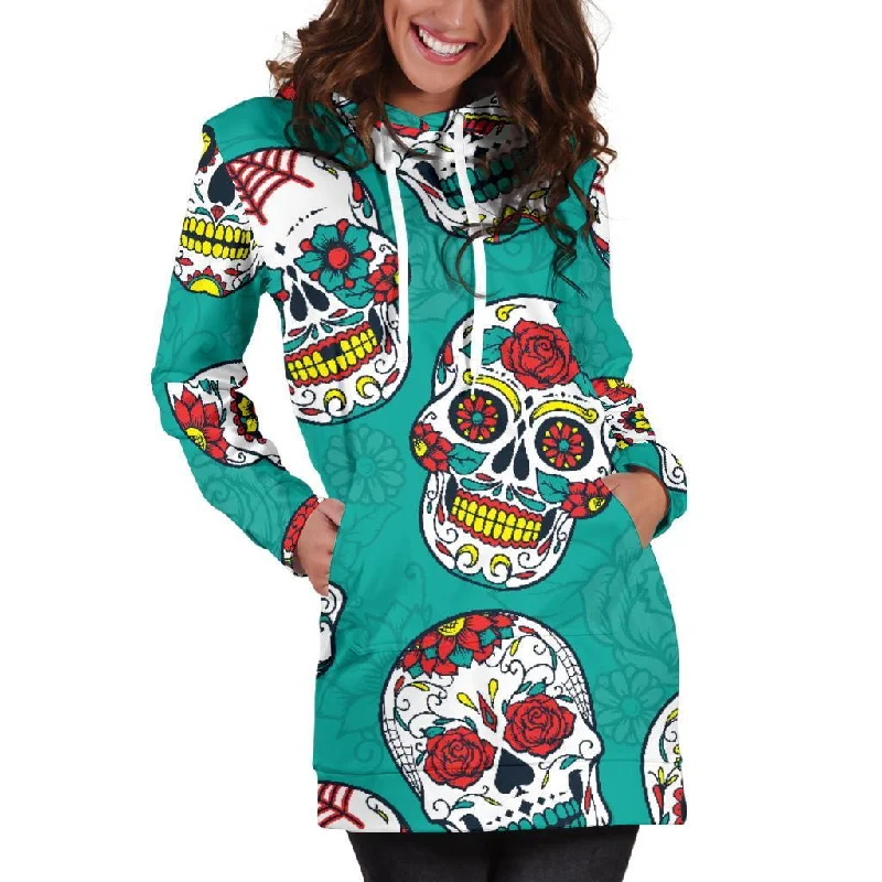Teal Sugar Skull Pattern Print Pullover Hoodie Dress