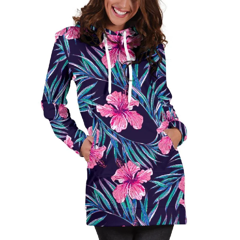Teal Tropical Hibiscus Pattern Print Pullover Hoodie Dress