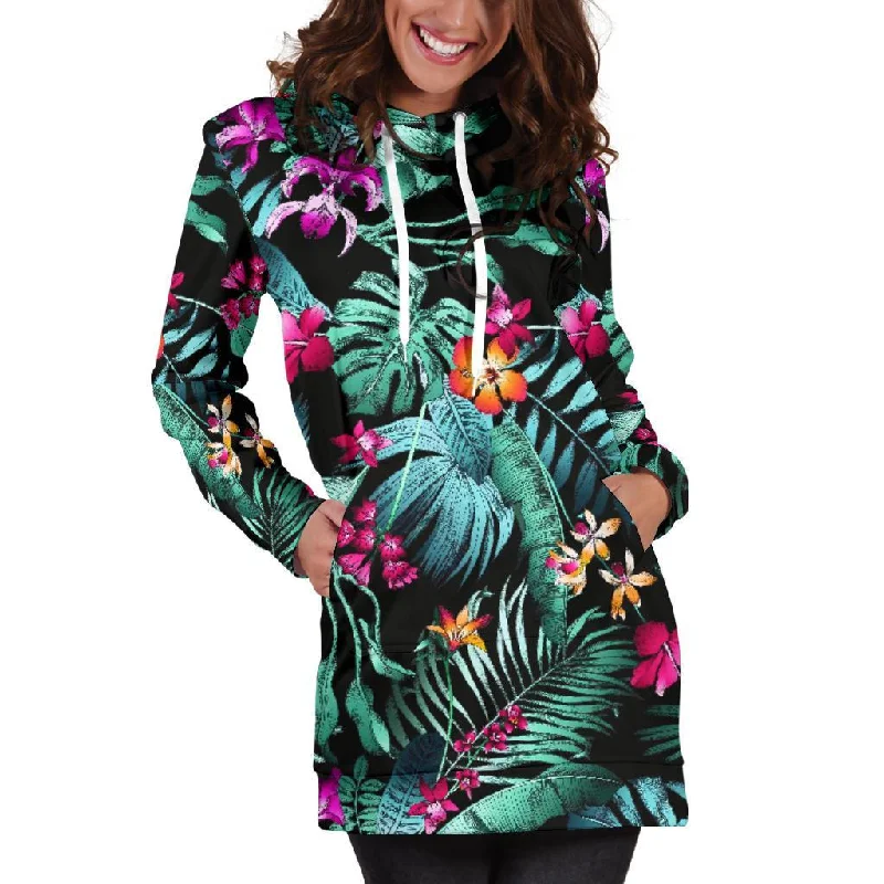 Teal Tropical Leaf Hawaii Pattern Print Pullover Hoodie Dress