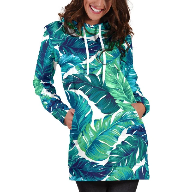 Teal Tropical Leaf Pattern Print Pullover Hoodie Dress